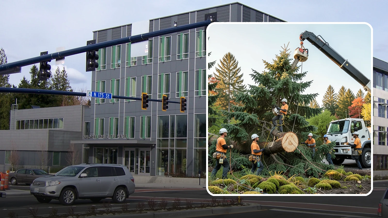 Crane-assisted tree removal in Shoreline, King County, WA - The removal of trees using a crane to lift sections clear of obstacles.