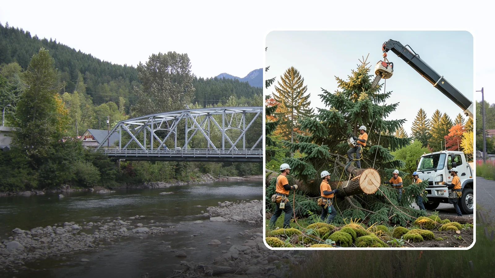 Crane-assisted tree removal in Skykomish, King County, WA - The removal of trees using a crane to lift sections clear of obstacles.