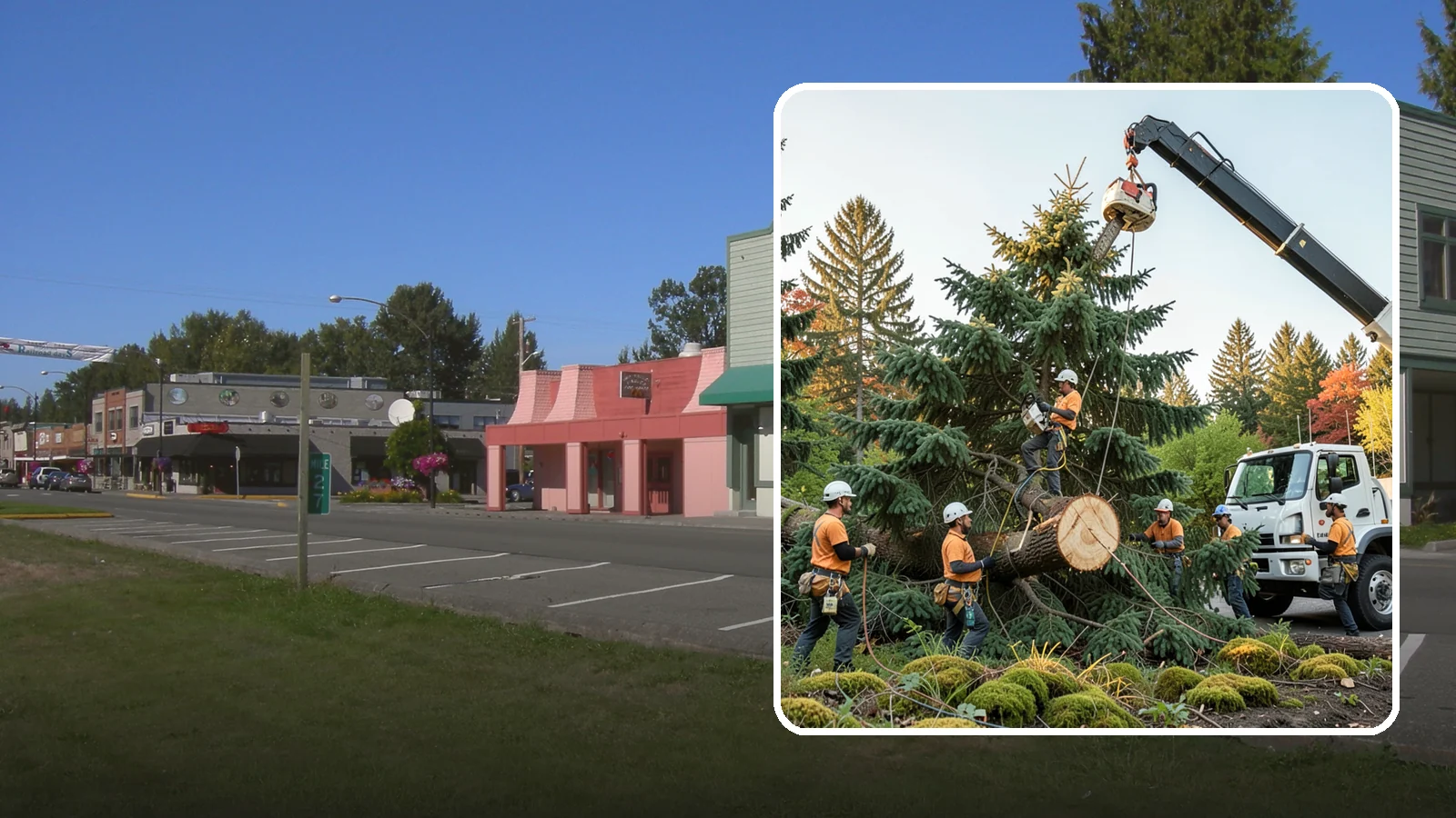 Crane-assisted tree removal in Snoqualmie, King County, WA - The removal of trees using a crane to lift sections clear of obstacles.