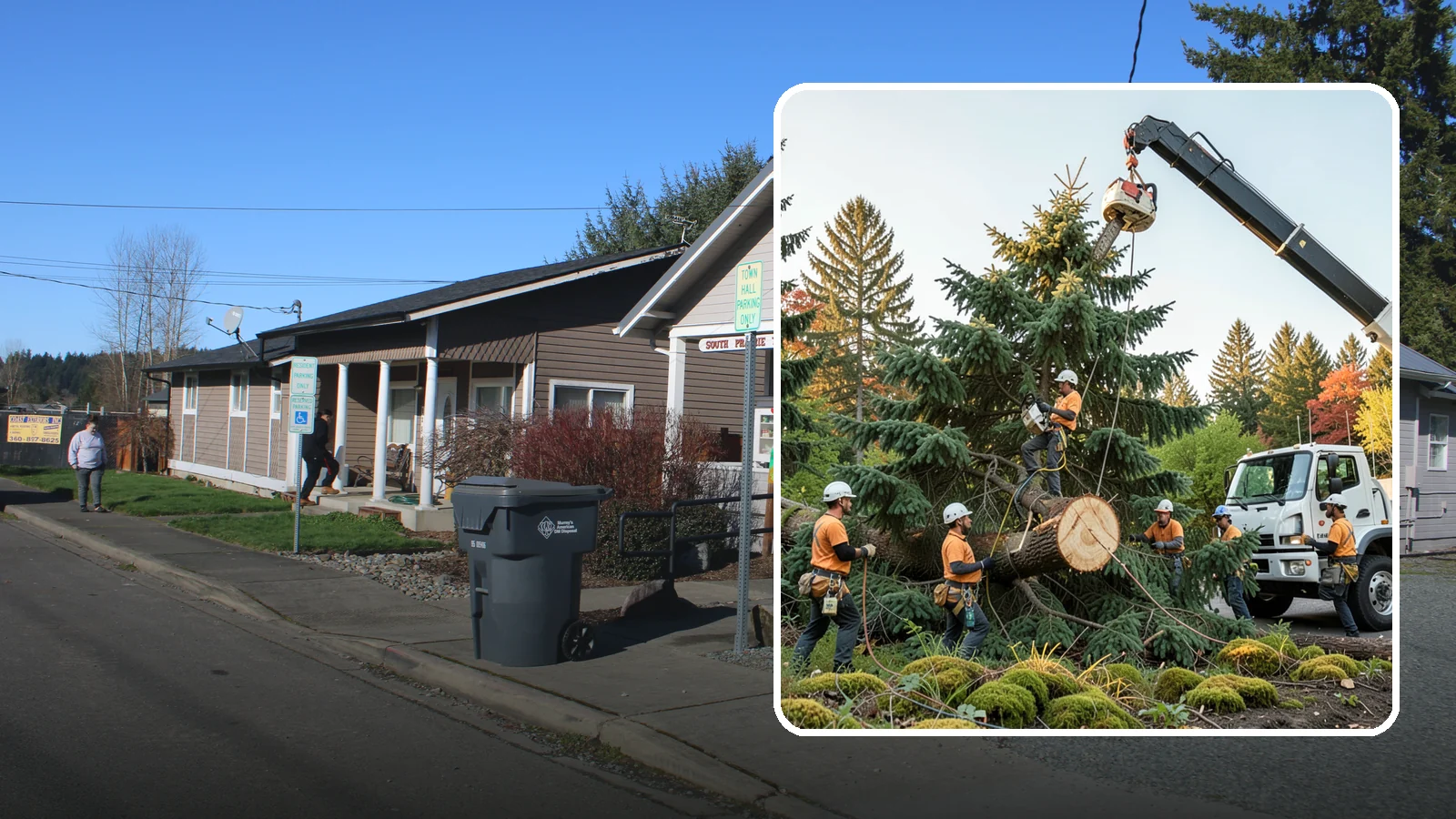 Crane-assisted tree removal in South Prairie, Pierce County, WA - The removal of trees using a crane to lift sections clear of obstacles.