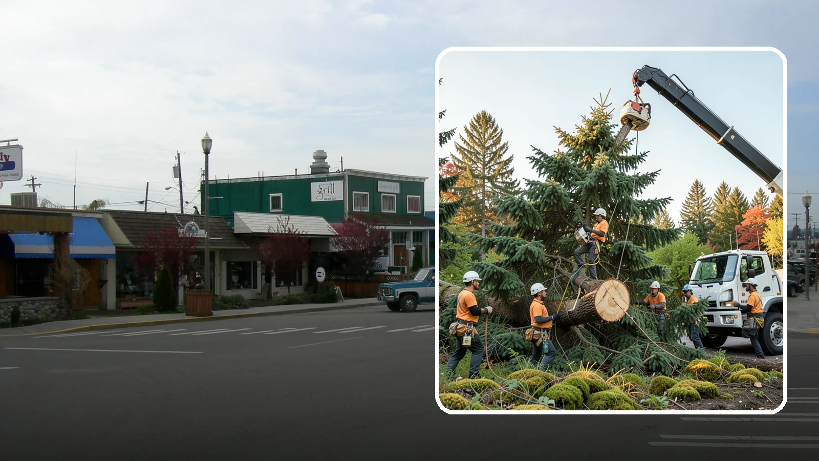 Crane-assisted tree removal in Stanwood, Snohomish County, WA - The removal of trees using a crane to lift sections clear of obstacles.