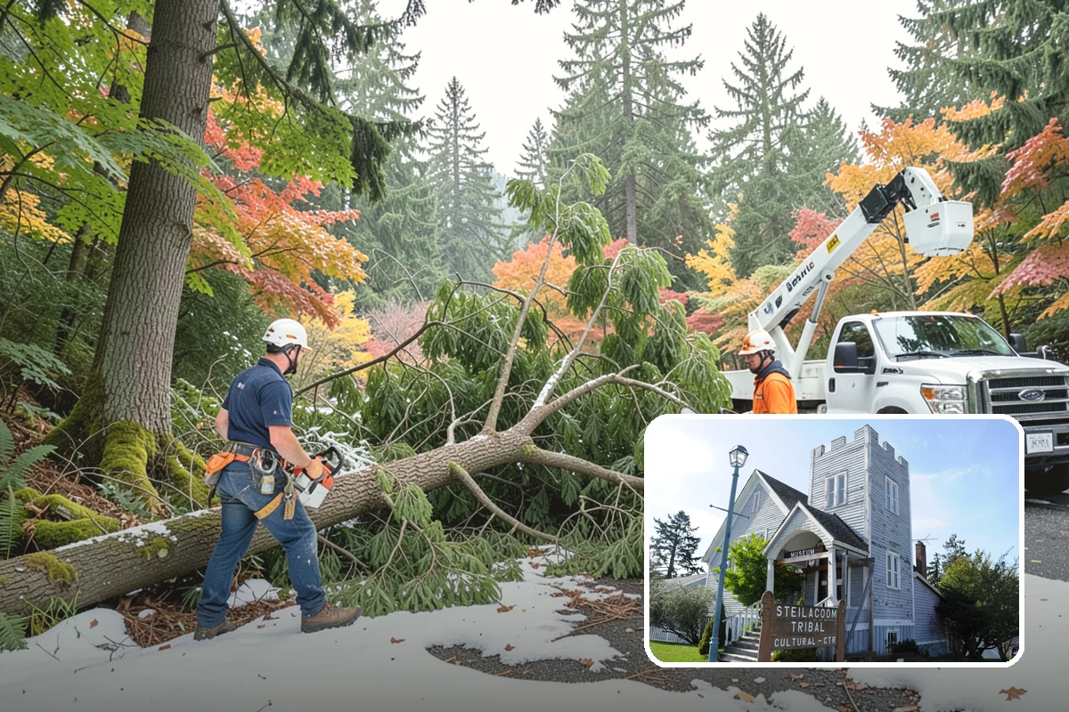 Crane-assisted tree removal in Steilacoom, Pierce County, WA - Removes safety hazards and reduces liability