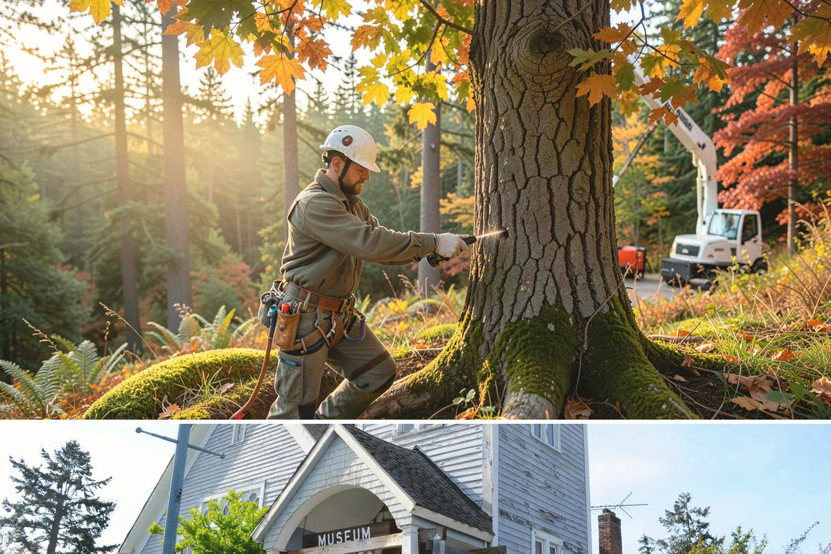 Crane-assisted tree removal in Steilacoom, Pierce County, WA - This service can be performed year-round in Puget Sound weather but requires careful planning during wet seasons to manage ground...