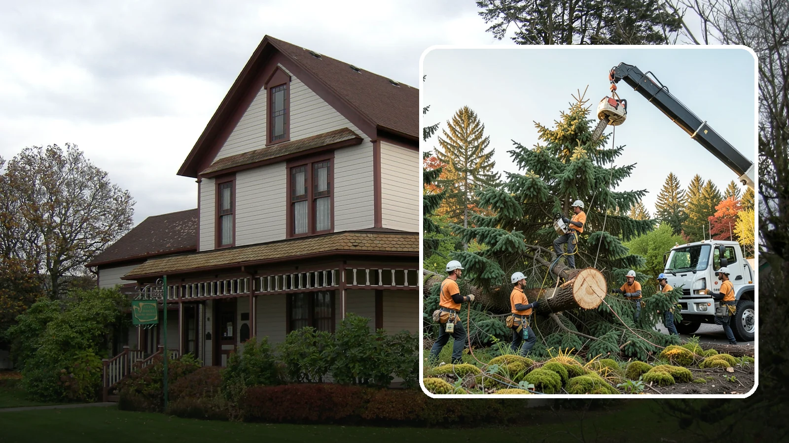 Crane-assisted tree removal in Sumner, Pierce County, WA - The removal of trees using a crane to lift sections clear of obstacles.