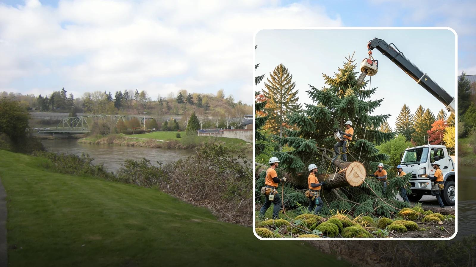 Crane-assisted tree removal in Tukwila, King County, WA - The removal of trees using a crane to lift sections clear of obstacles.