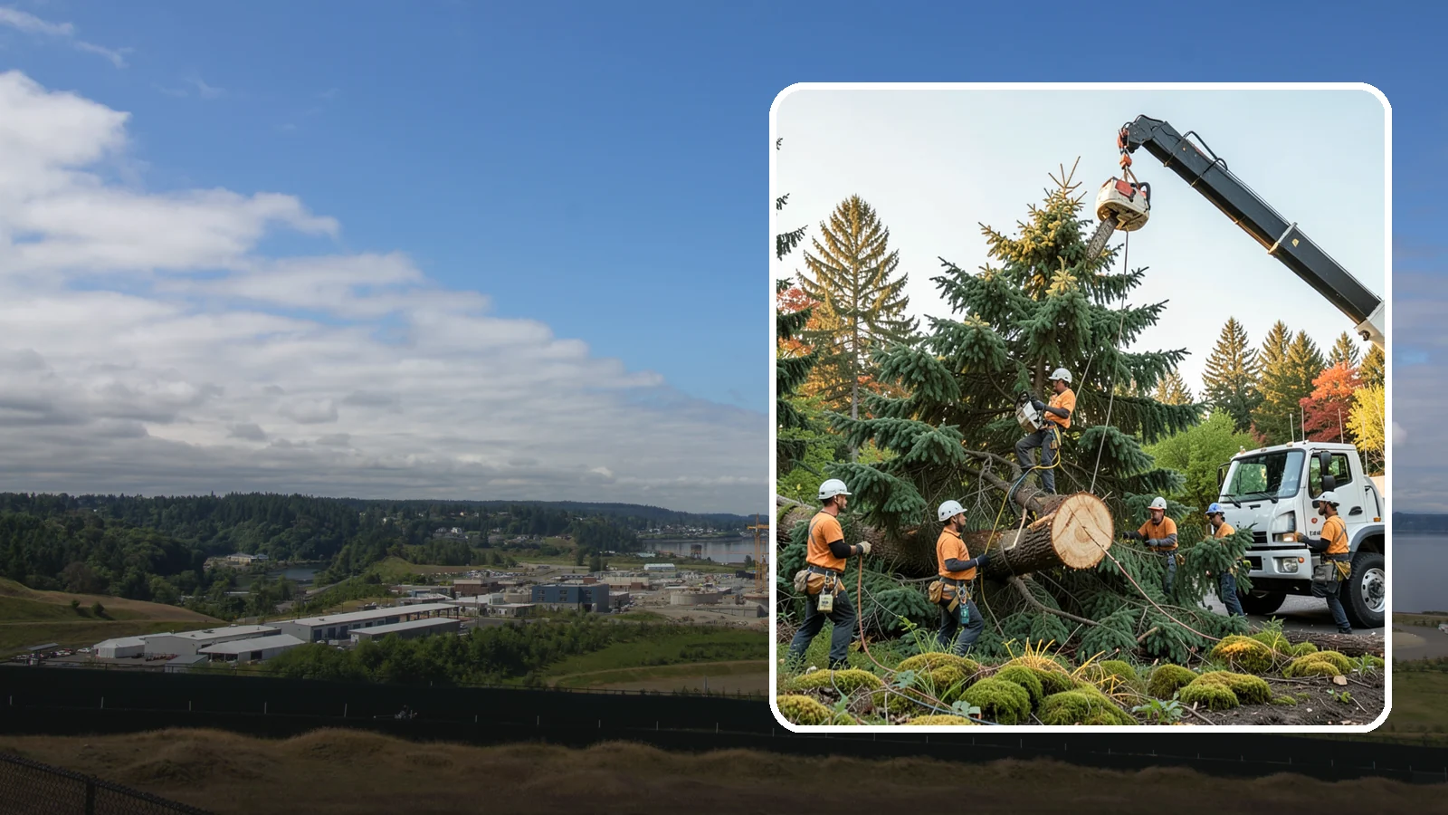 Crane-assisted tree removal in University Place, Pierce County, WA - The removal of trees using a crane to lift sections clear of obstacles.