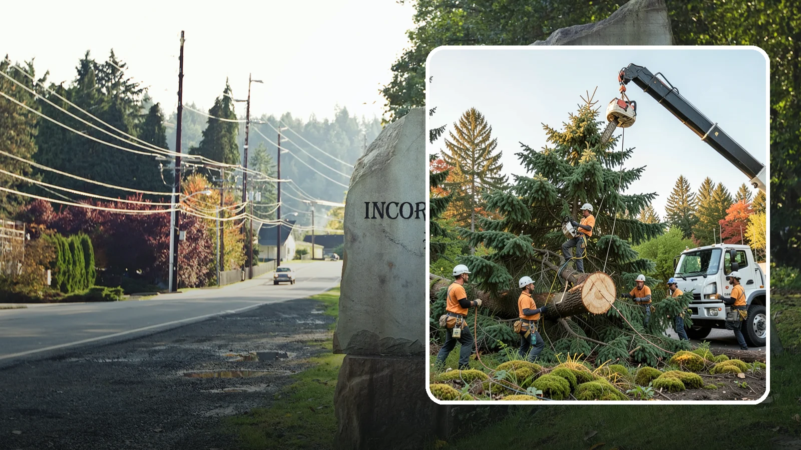 Crane-assisted tree removal in Wilkeson, Pierce County, WA - The removal of trees using a crane to lift sections clear of obstacles.