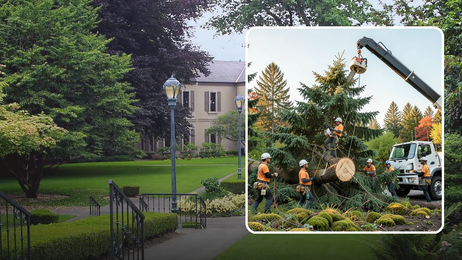 Crane-assisted tree removal in Woodinville, King County, WA - The removal of trees using a crane to lift sections clear of obstacles.