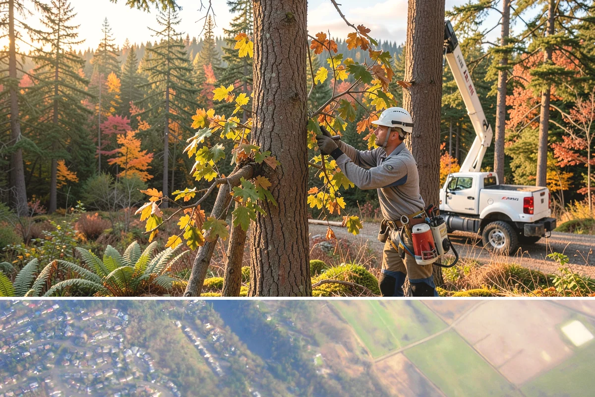 Driveway clearance pruning in Algona, King County, WA - Work follows recognized arboricultural standards matched to the specific season required for each tree species in the Puget Sound...