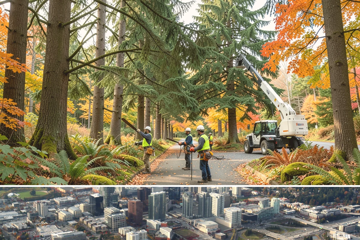 Driveway clearance pruning in Bellevue, King County, WA - Work follows recognized arboricultural standards matched to the specific season required for each tree species in the Puget Sound...