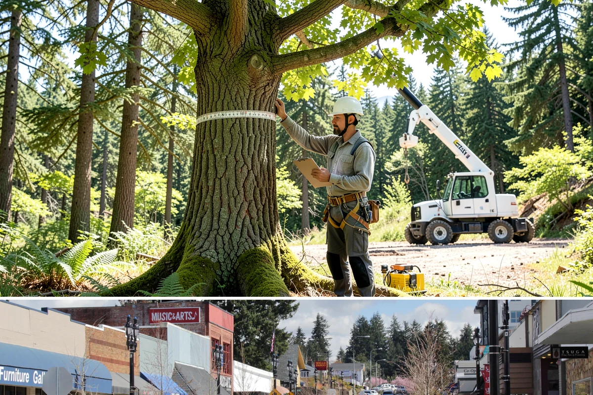 Driveway clearance pruning in Bothell, King County, WA - Work follows recognized arboricultural standards matched to the specific season required for each tree species in the Puget Sound...