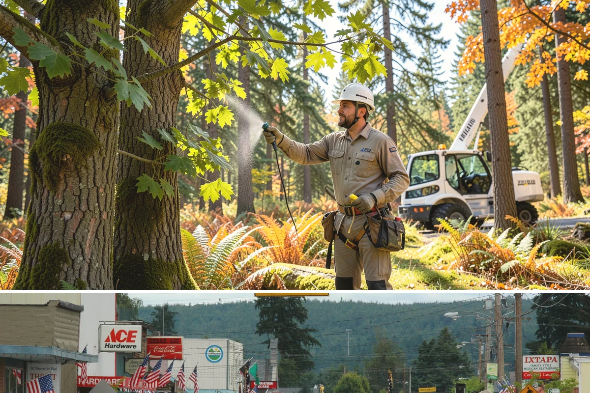Driveway clearance pruning in Carnation, King County, WA - Work follows recognized arboricultural standards matched to the specific season required for each tree species in the Puget Sound...