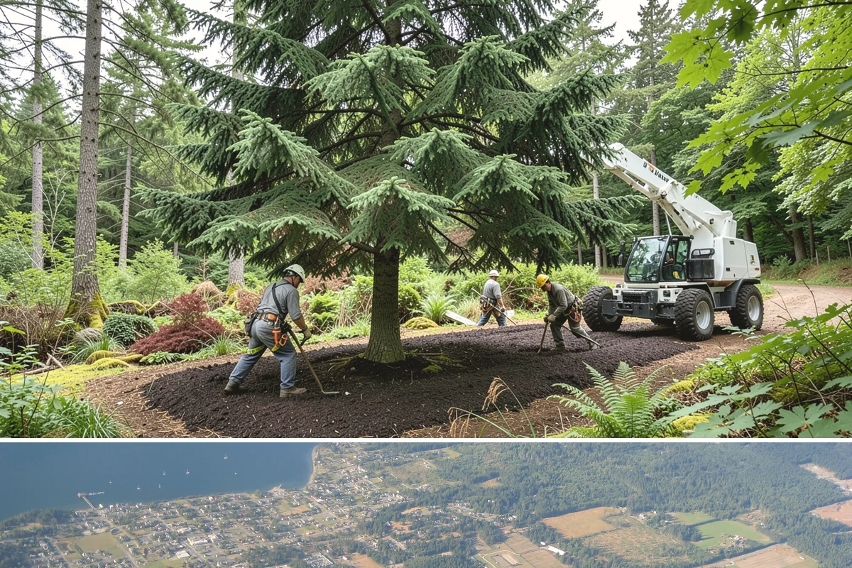 Driveway clearance pruning in Coupeville, Island County, WA - Work follows recognized arboricultural standards matched to the specific season required for each tree species in the Puget Sound...