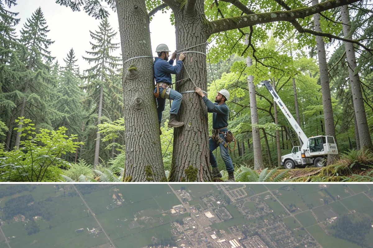 Driveway clearance pruning in Enumclaw, King County, WA - Work follows recognized arboricultural standards matched to the specific season required for each tree species in the Puget Sound...