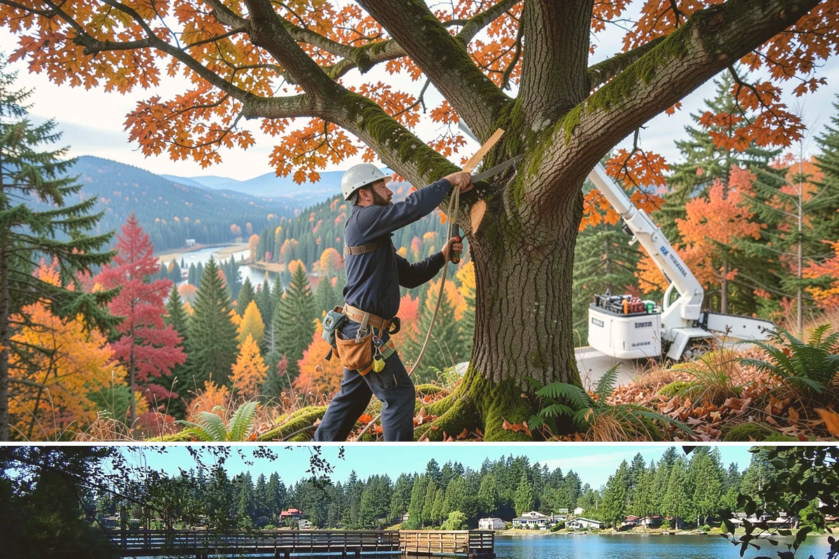 Driveway clearance pruning in Federal Way, King County, WA - Work follows recognized arboricultural standards matched to the specific season required for each tree species in the Puget Sound...