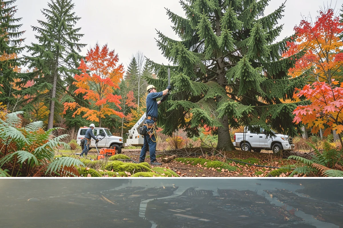 Driveway clearance pruning in Fife, Pierce County, WA - Work follows recognized arboricultural standards matched to the specific season required for each tree species in the Puget Sound...