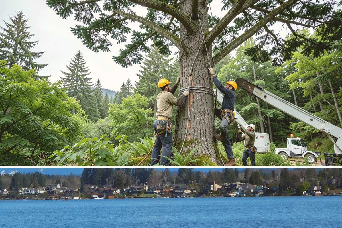 Driveway clearance pruning in Lake Stevens, Snohomish County, WA - Work follows recognized arboricultural standards matched to the specific season required for each tree species in the Puget Sound...