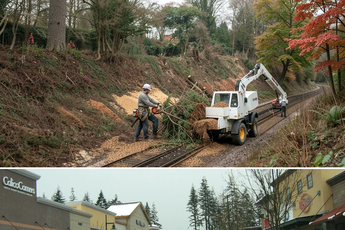 Driveway clearance pruning in Mill Creek, Snohomish County, WA - Work follows recognized arboricultural standards matched to the specific season required for each tree species in the Puget Sound...