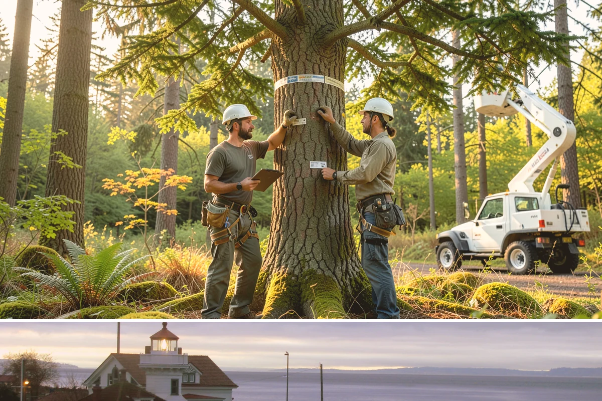 Driveway clearance pruning in Mukilteo, Snohomish County, WA - Work follows recognized arboricultural standards matched to the specific season required for each tree species in the Puget Sound...