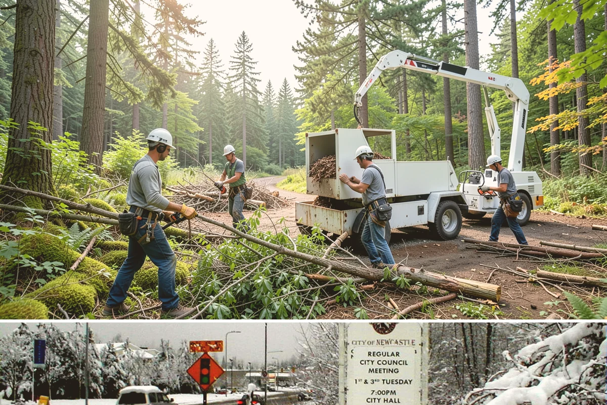 Driveway clearance pruning in Newcastle, King County, WA - Work follows recognized arboricultural standards matched to the specific season required for each tree species in the Puget Sound...