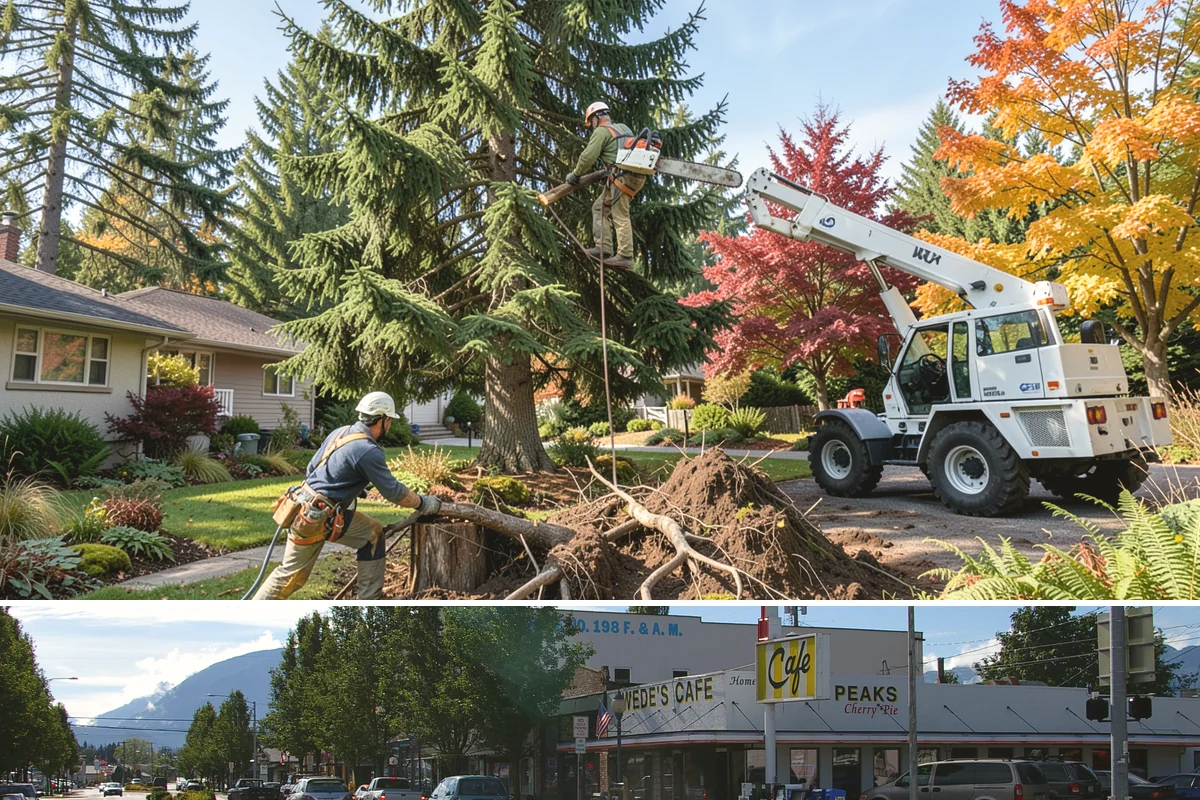 Driveway clearance pruning in North Bend, King County, WA - Work follows recognized arboricultural standards matched to the specific season required for each tree species in the Puget Sound...