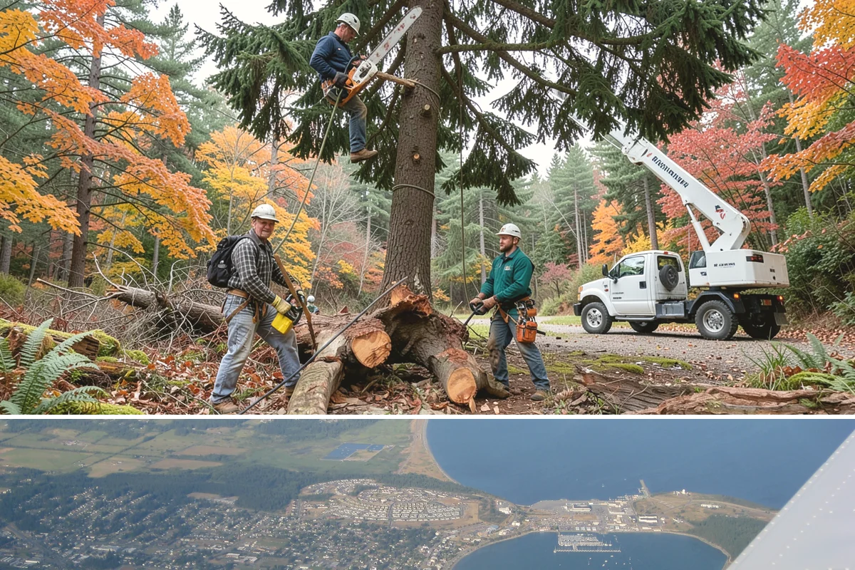 Driveway clearance pruning in Oak Harbor, Island County, WA - Work follows recognized arboricultural standards matched to the specific season required for each tree species in the Puget Sound...
