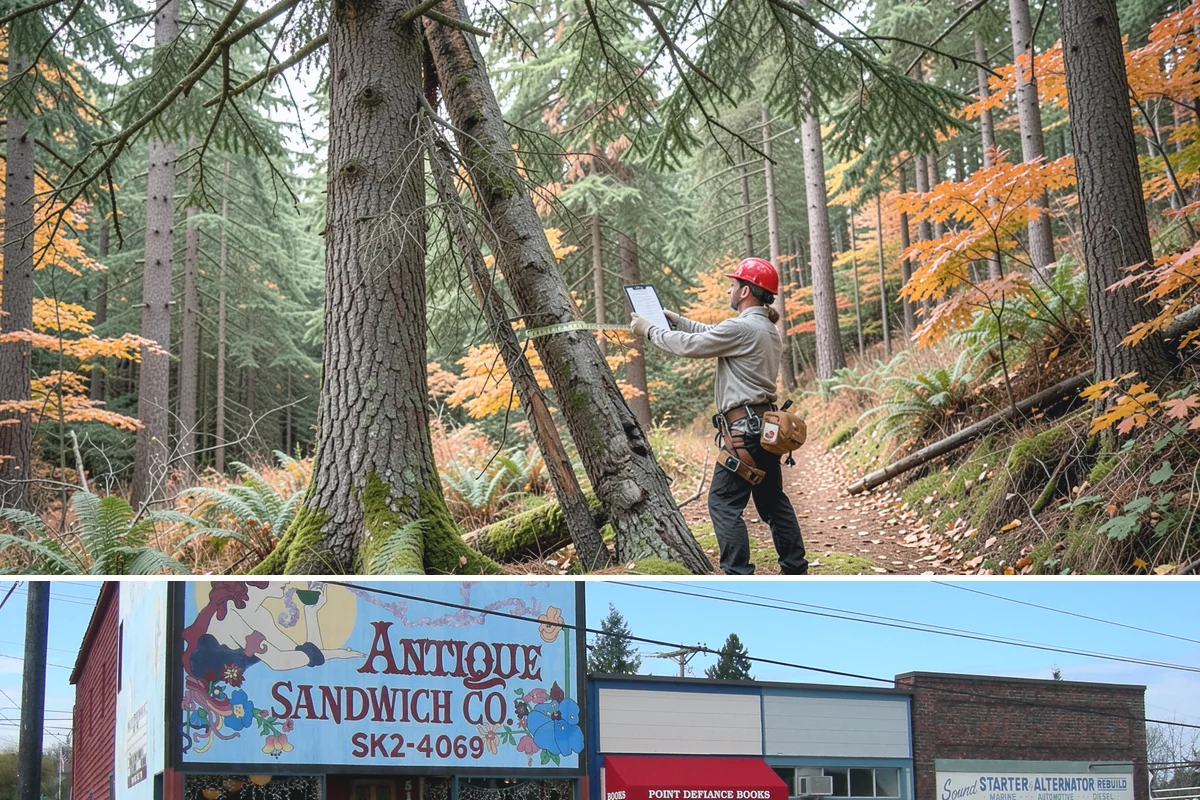 Driveway clearance pruning in Ruston, Pierce County, WA - Work follows recognized arboricultural standards matched to the specific season required for each tree species in the Puget Sound...