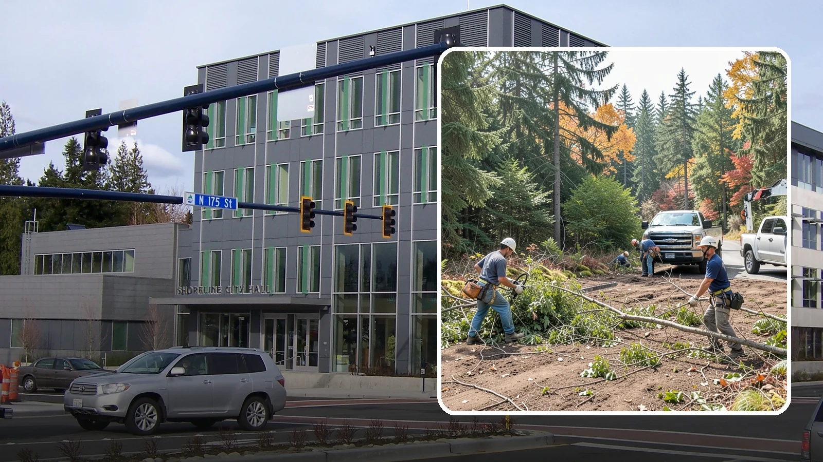 Driveway clearance pruning in Shoreline, King County, WA - Pruning to provide vertical and side clearance over driveways.