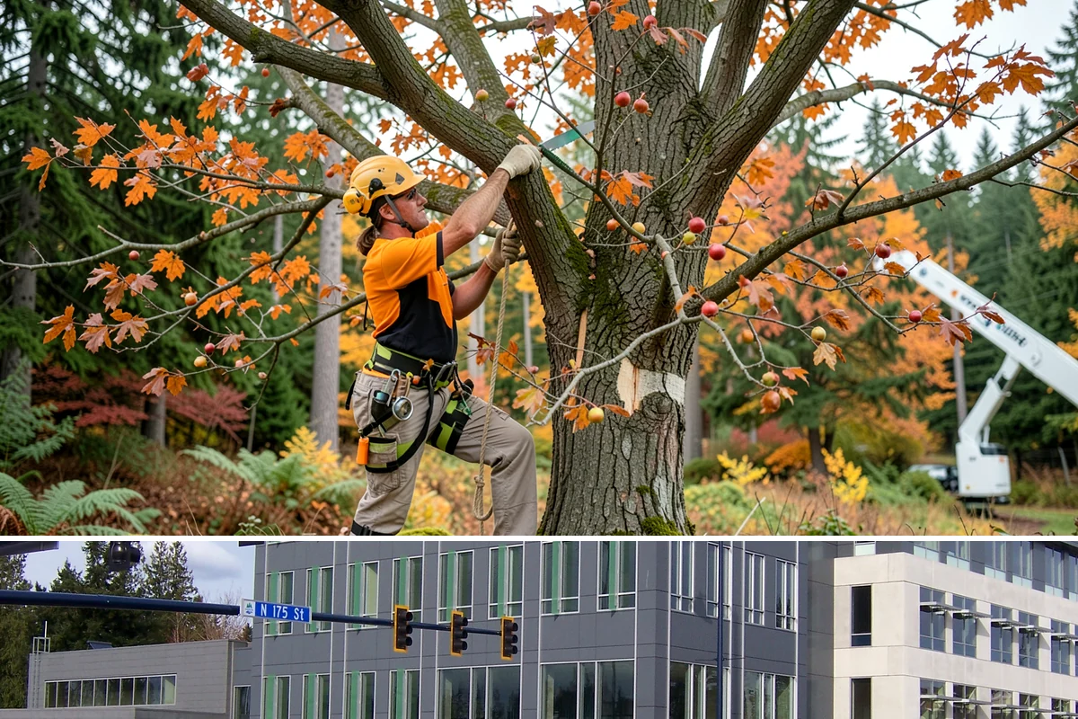 Driveway clearance pruning in Shoreline, King County, WA - Work follows recognized arboricultural standards matched to the specific season required for each tree species in the Puget Sound...