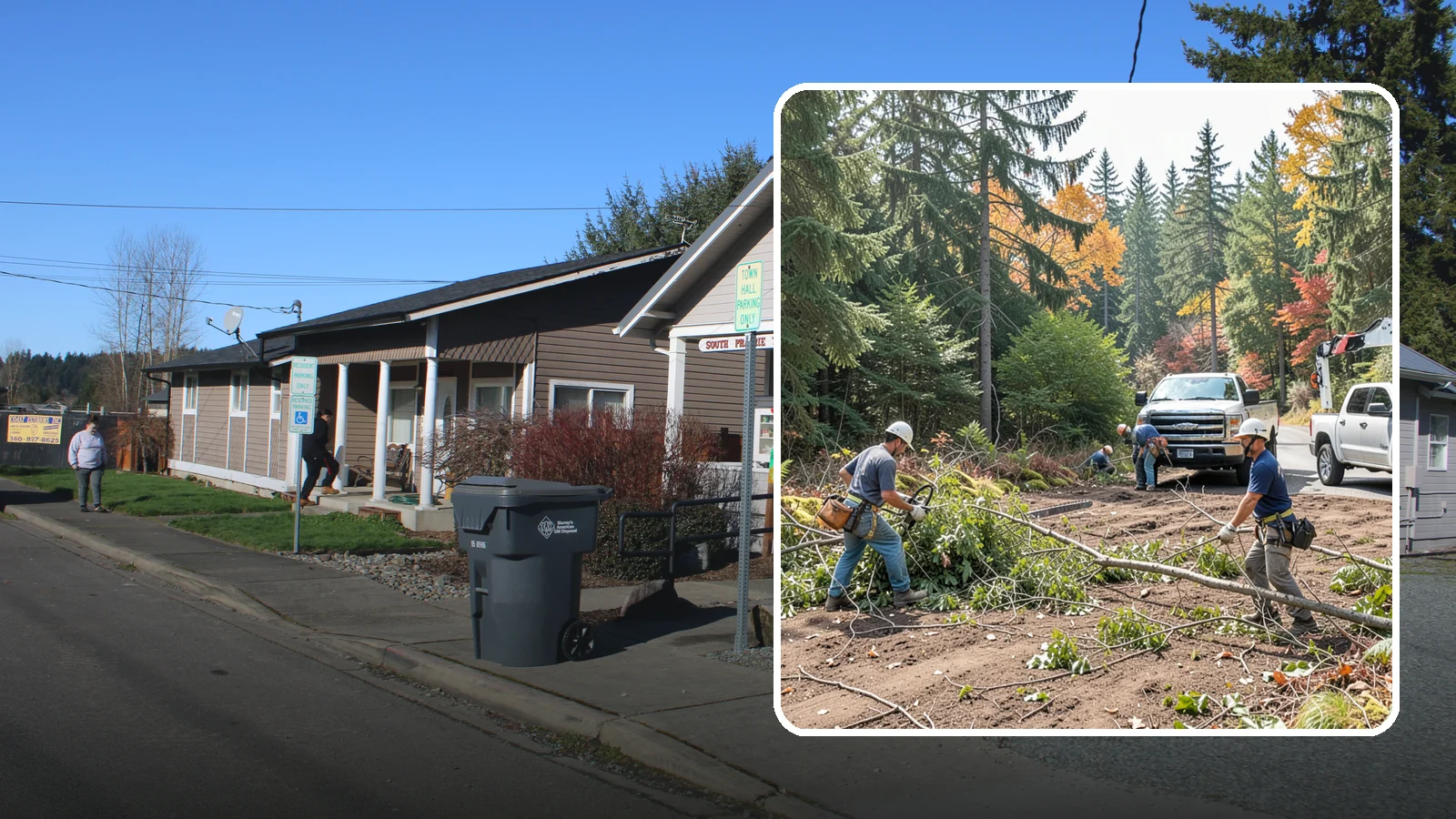 Driveway clearance pruning in South Prairie, Pierce County, WA - Pruning to provide vertical and side clearance over driveways.