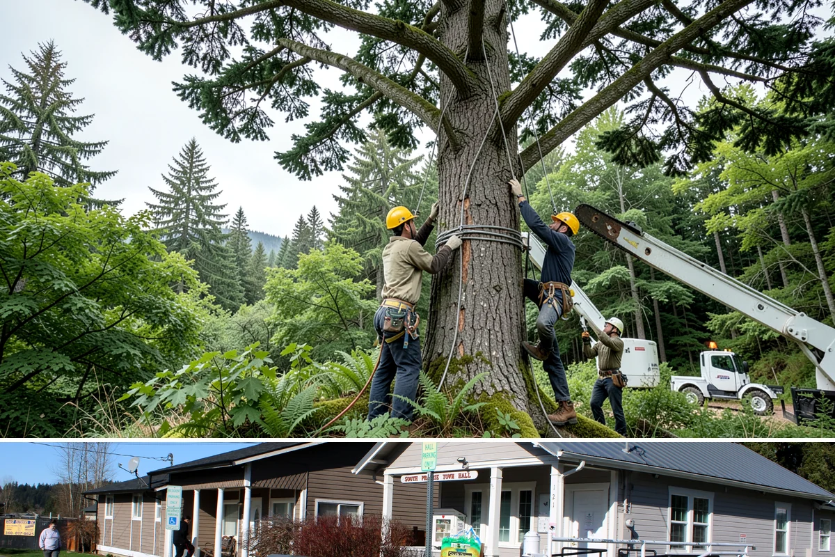 Driveway clearance pruning in South Prairie, Pierce County, WA - Work follows recognized arboricultural standards matched to the specific season required for each tree species in the Puget Sound...