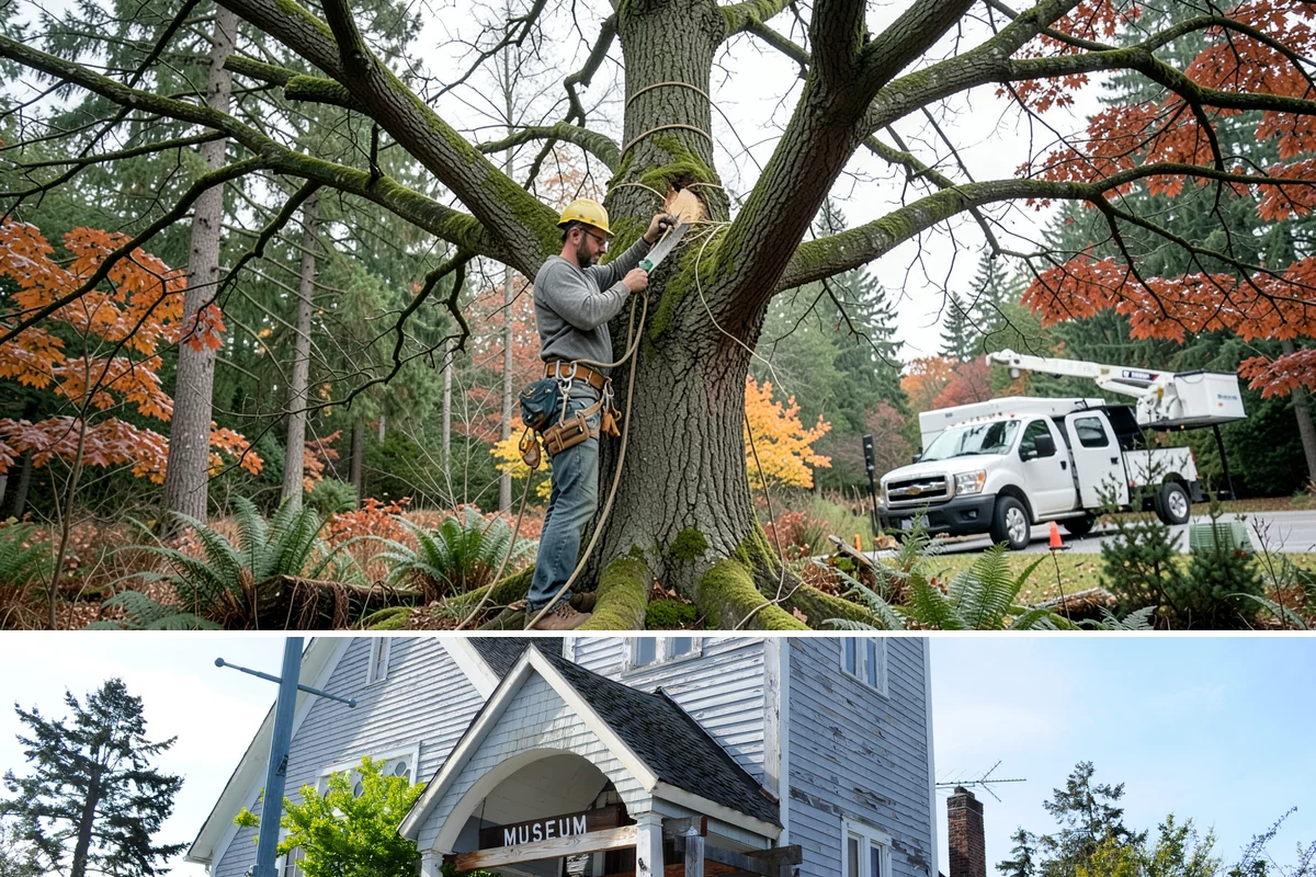 Driveway clearance pruning in Steilacoom, Pierce County, WA - Work follows recognized arboricultural standards matched to the specific season required for each tree species in the Puget Sound...