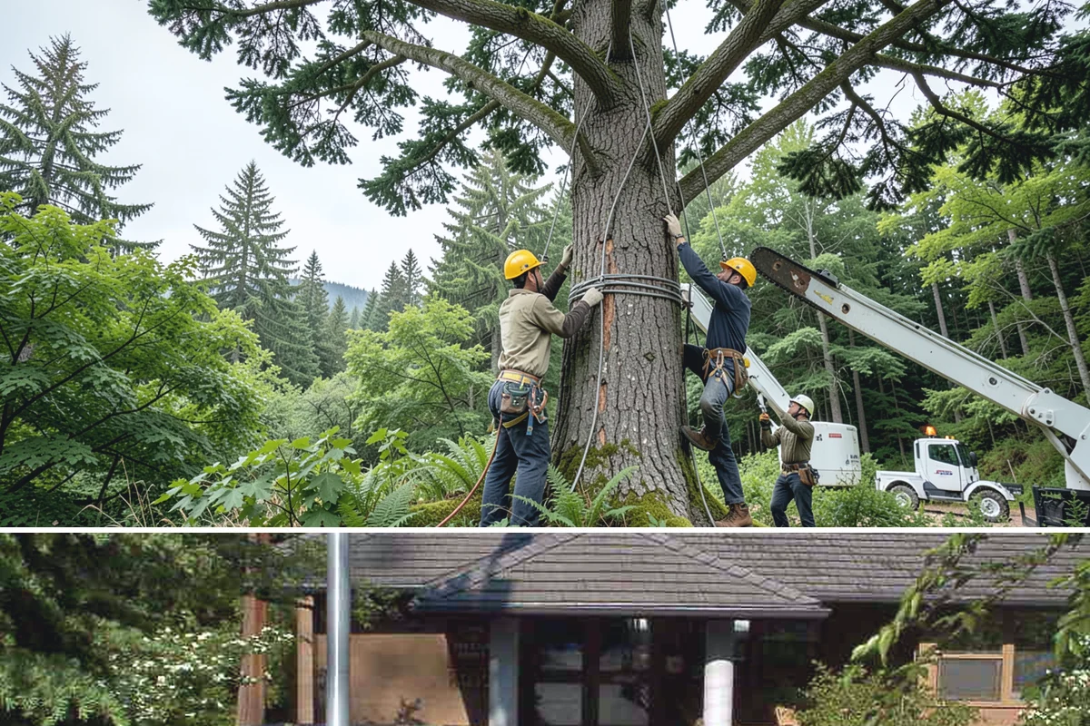 Driveway clearance pruning in Yarrow Point, King County, WA - Work follows recognized arboricultural standards matched to the specific season required for each tree species in the Puget Sound...