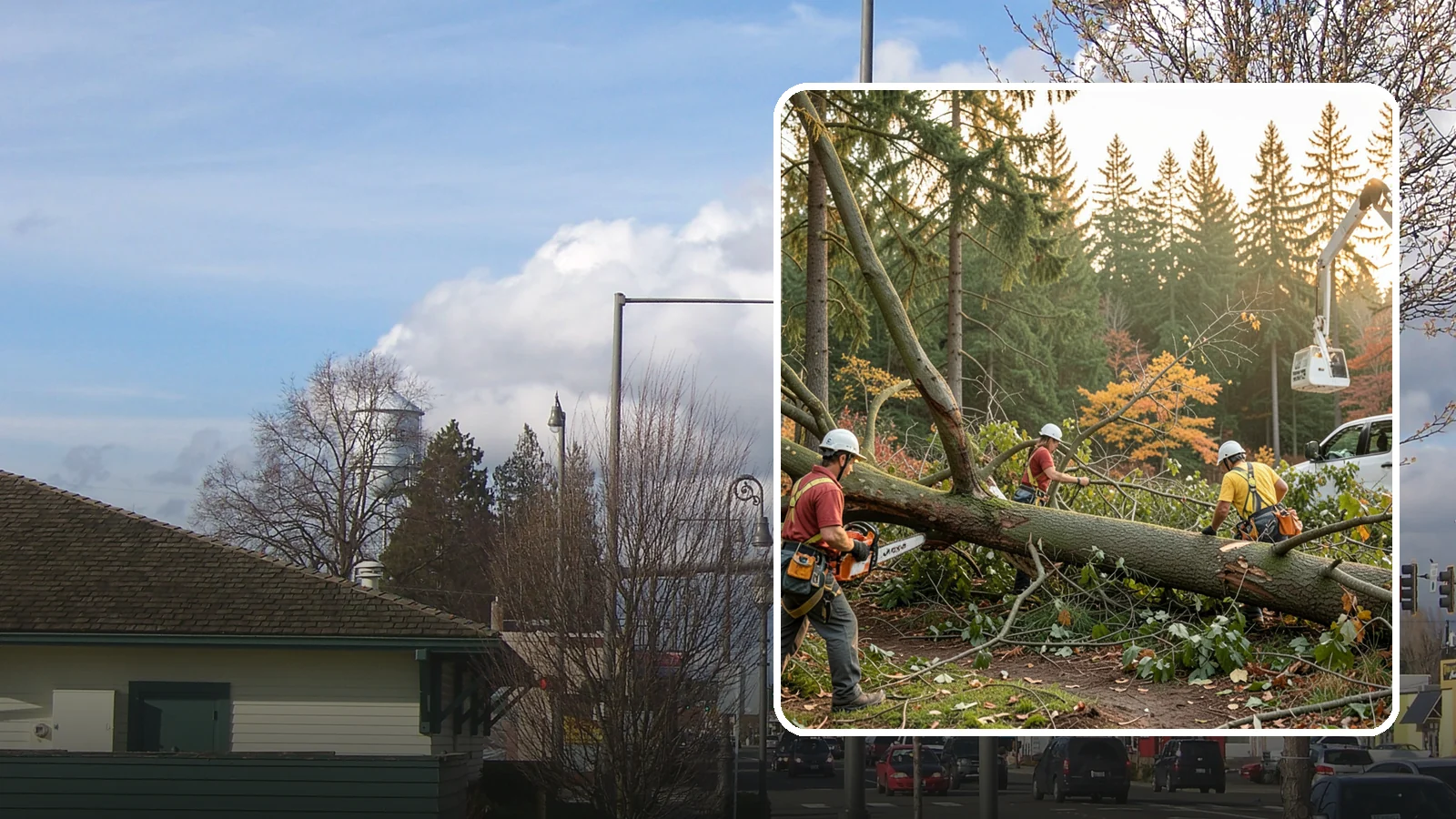 Emergency storm cleanup in Marysville, Snohomish County, WA - The rapid cleanup of tree damage after a storm.