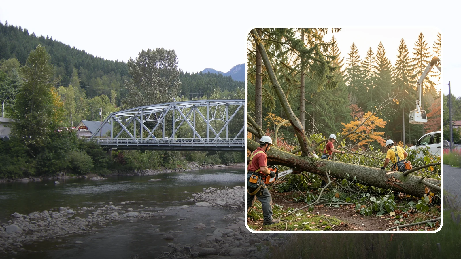 Emergency storm cleanup in Skykomish, King County, WA - The rapid cleanup of tree damage after a storm.