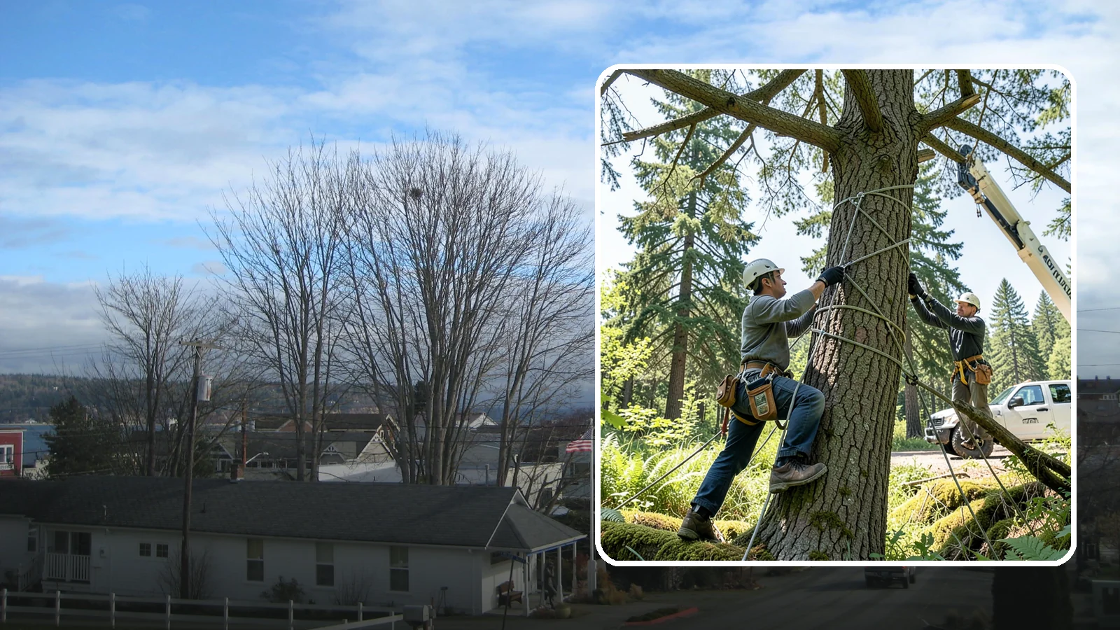 Emergency Tree Stabilization in Langley, Island County, WA - The urgent, temporary stabilization of a compromised or partially failed tree.