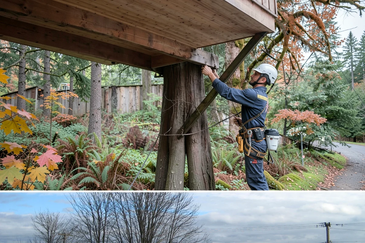 Emergency Tree Stabilization in Langley, Island County, WA - This urgent safety measure can be performed year-round in Puget Sound weather whenever a tree faces immediate risk of failure.