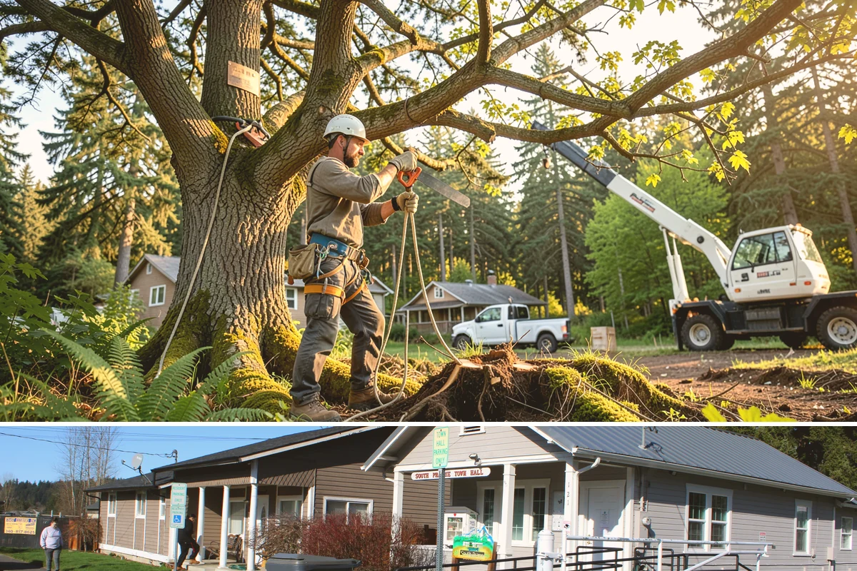 Fallen tree removal in South Prairie, Pierce County, WA - This service can be performed year-round in the Puget Sound climate but may require specialized rigging gear during wet seasons...