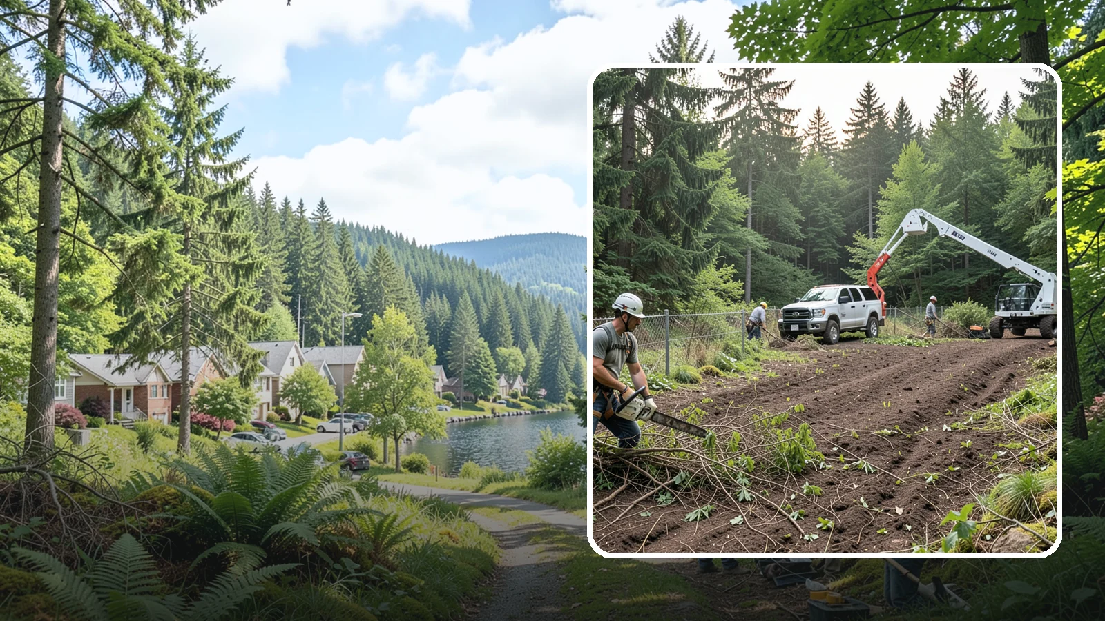 Fence line clearing in Lake Forest Park, King County, WA - The clearing of vegetation along fence lines.