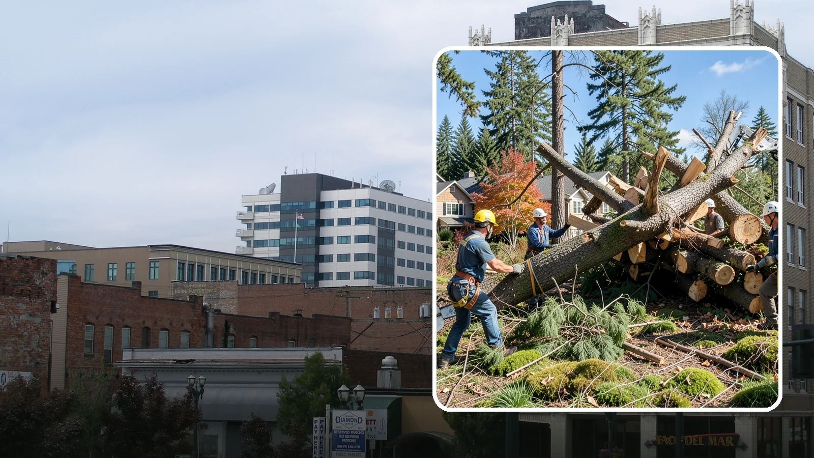 Hazardous tree removal in Everett, Snohomish County, WA - The controlled removal of trees that pose a safety risk due to structural defects, decay, or dangerous lean.