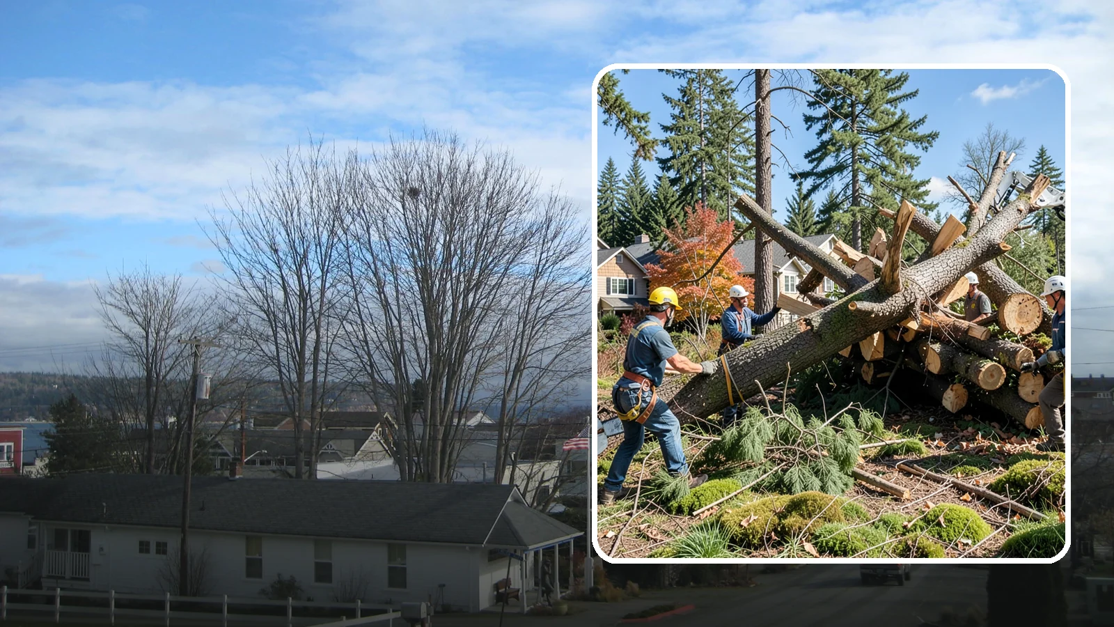 Hazardous tree removal in Langley, Island County, WA - The controlled removal of trees that pose a safety risk due to structural defects, decay, or dangerous lean.