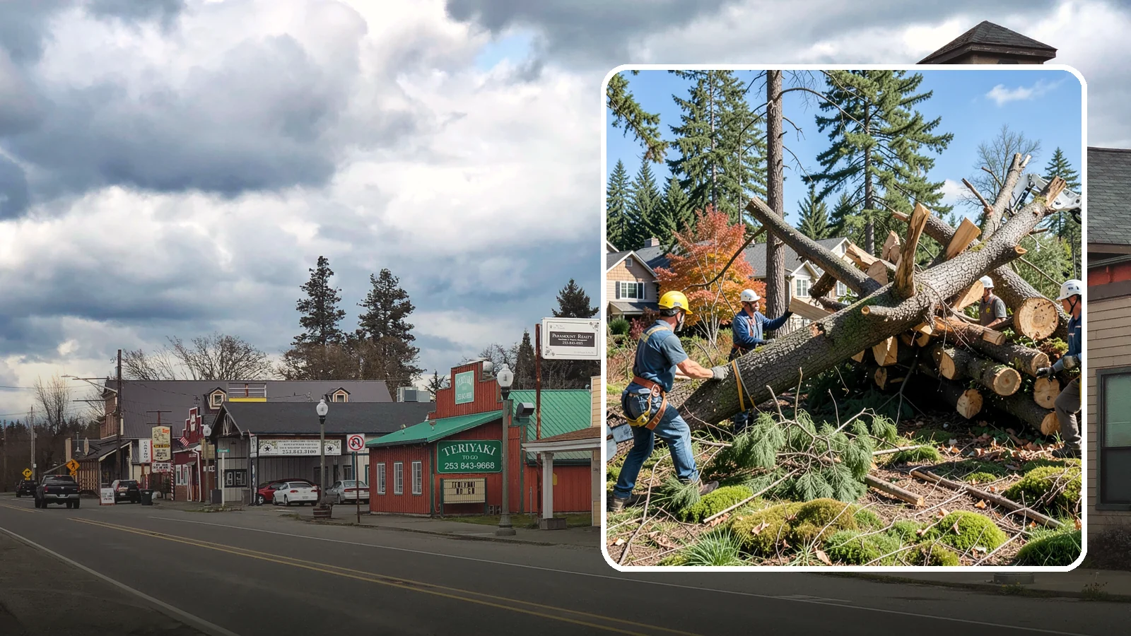 Hazardous tree removal in Roy, Pierce County, WA - The controlled removal of trees that pose a safety risk due to structural defects, decay, or dangerous lean.
