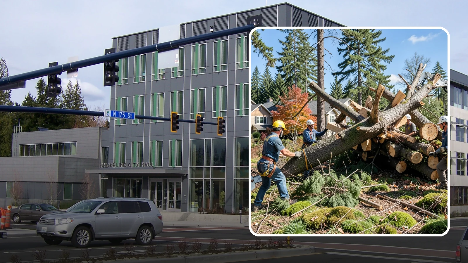Hazardous tree removal in Shoreline, King County, WA - The controlled removal of trees that pose a safety risk due to structural defects, decay, or dangerous lean.