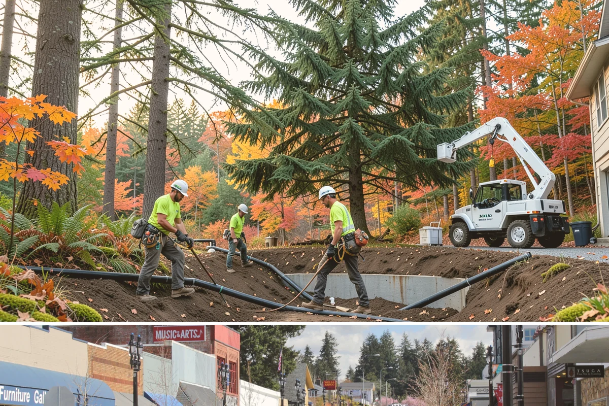 Invasive vegetation removal in Bothell, King County, WA - Work can generally proceed year-round in Puget Sound weather but may be delayed during heavy rain on wet or steep sites.