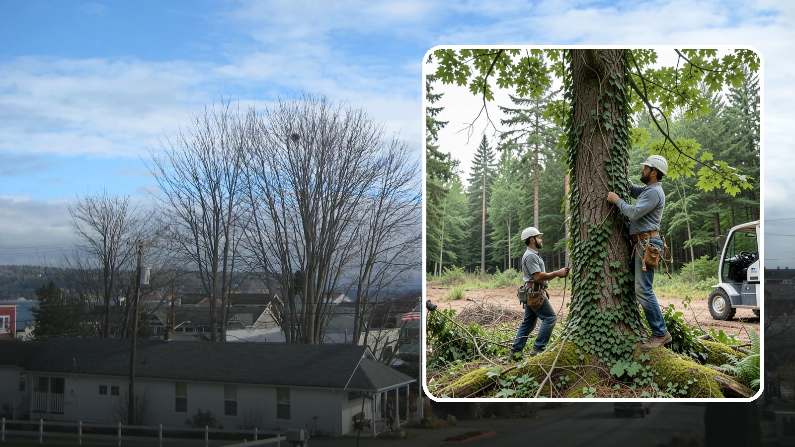 Ivy removal from trees in Langley, Island County, WA - The removal of ivy and climbing vines from trees.