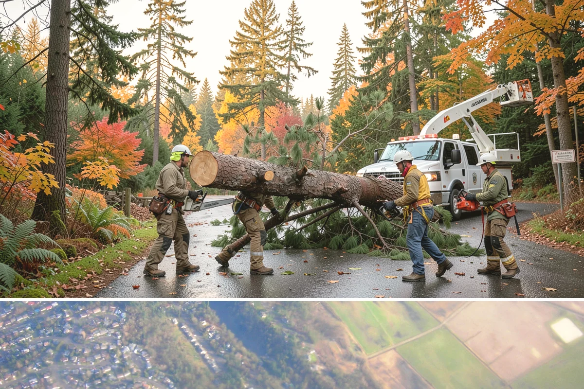 Leaning tree removal in Algona, King County, WA - This service can be performed year-round in the Puget Sound climate but requires extra caution during wet seasons when unstable...