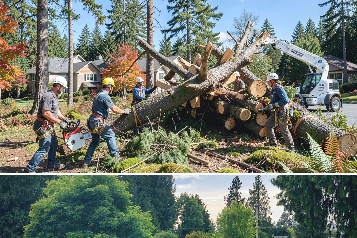 Leaning tree removal in Bonney Lake, Pierce County, WA - This service can be performed year-round in the Puget Sound climate but requires extra caution during wet seasons when unstable...