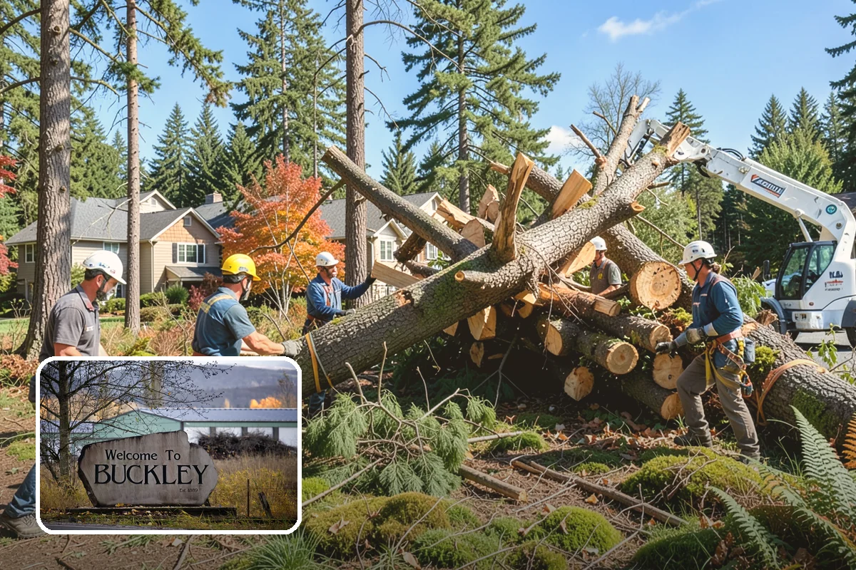 Leaning tree removal in Buckley, Pierce County, WA - Removes safety hazards and reduces liability