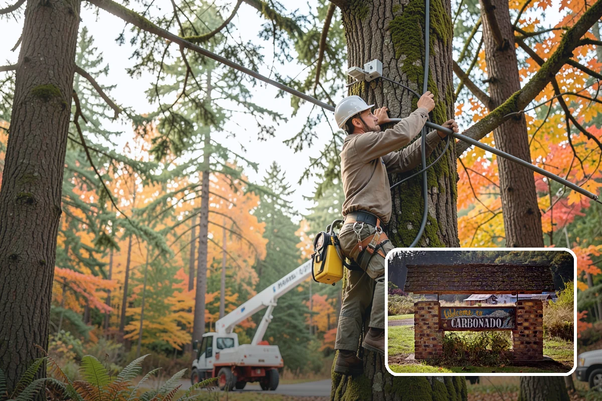 Leaning tree removal in Carbonado, Pierce County, WA - Removes safety hazards and reduces liability
