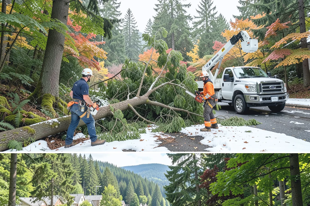 Leaning tree removal in Lake Forest Park, King County, WA - This service can be performed year-round in the Puget Sound climate but requires extra caution during wet seasons when unstable...